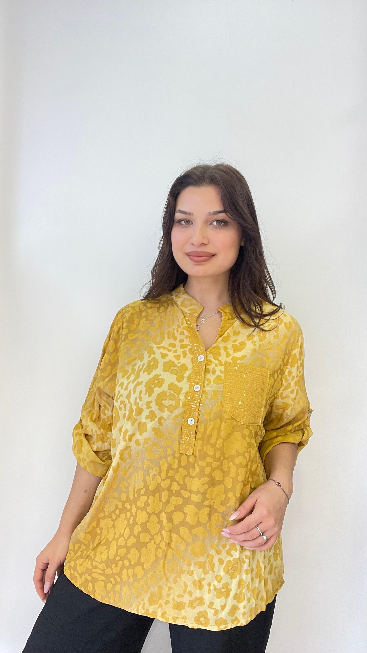 Sarı, %100 Viskon, Dalgalı Leopar Desenli, Payetli Gömlek