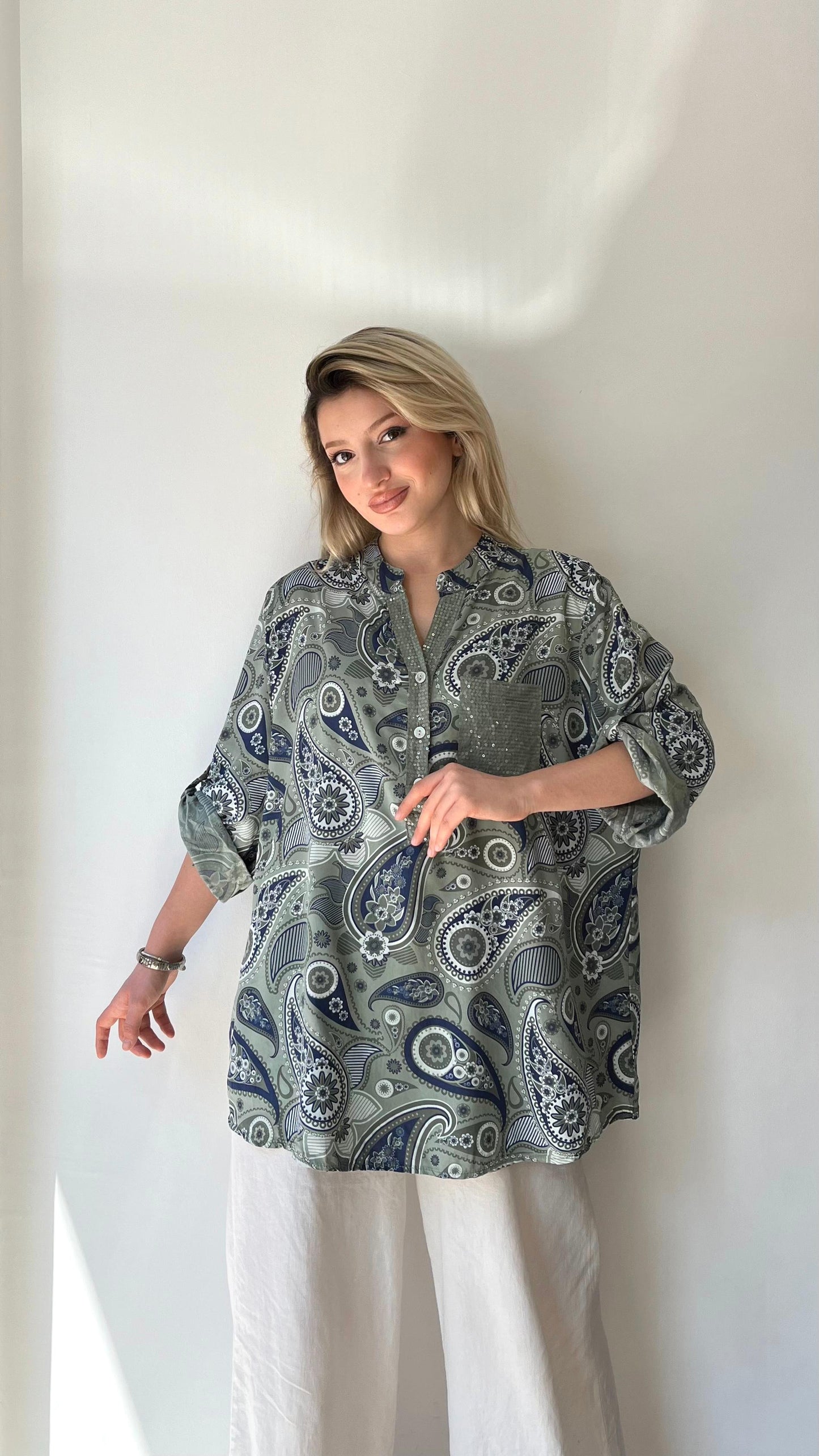 Haki Yeşil, %100 Viskon, Şal Desenli Gömlek