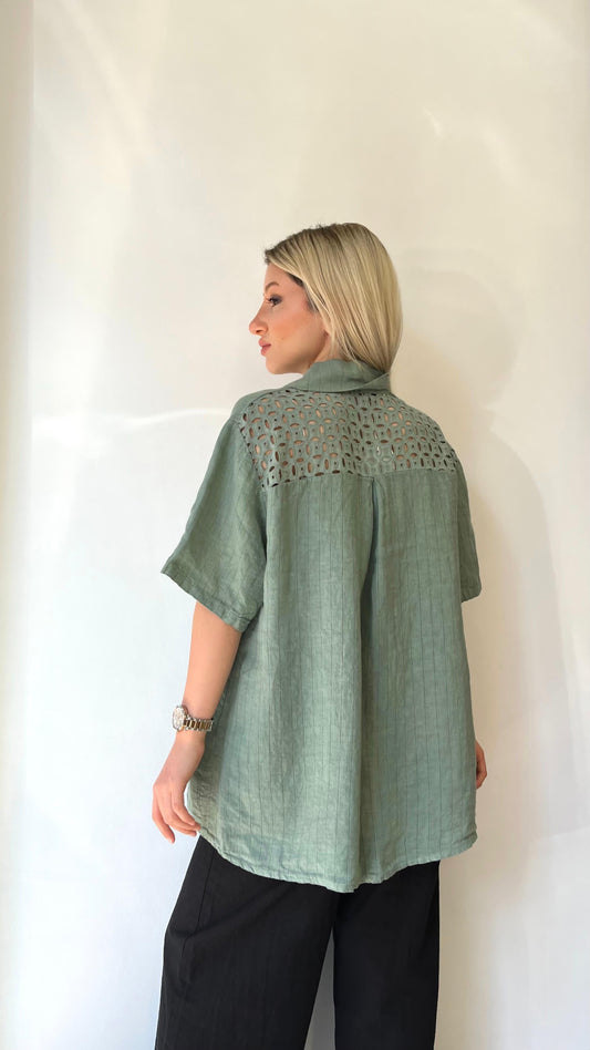 Yeşil, Pamuk Fisto Detaylı, Çizgili Keten Gömlek