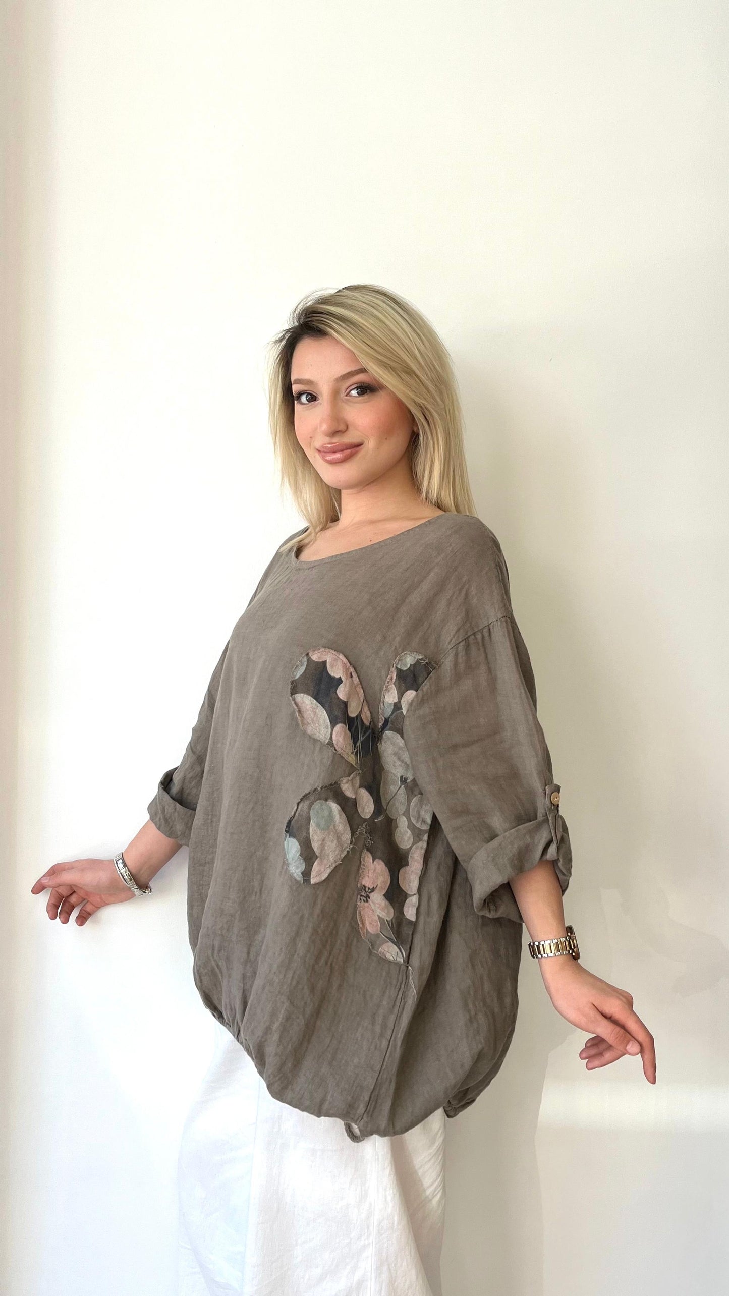 Kahve, %100 Keten, Beli İp Bağlamalı, Çiçek Baskılı Gömlek