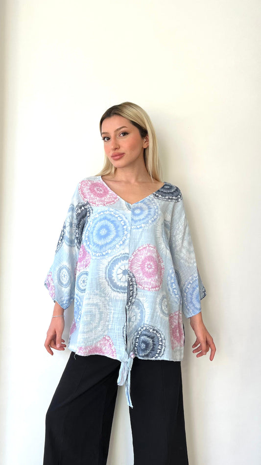 Mavi, Batik Desenli, %100 Pamuk, Oversize Bluz