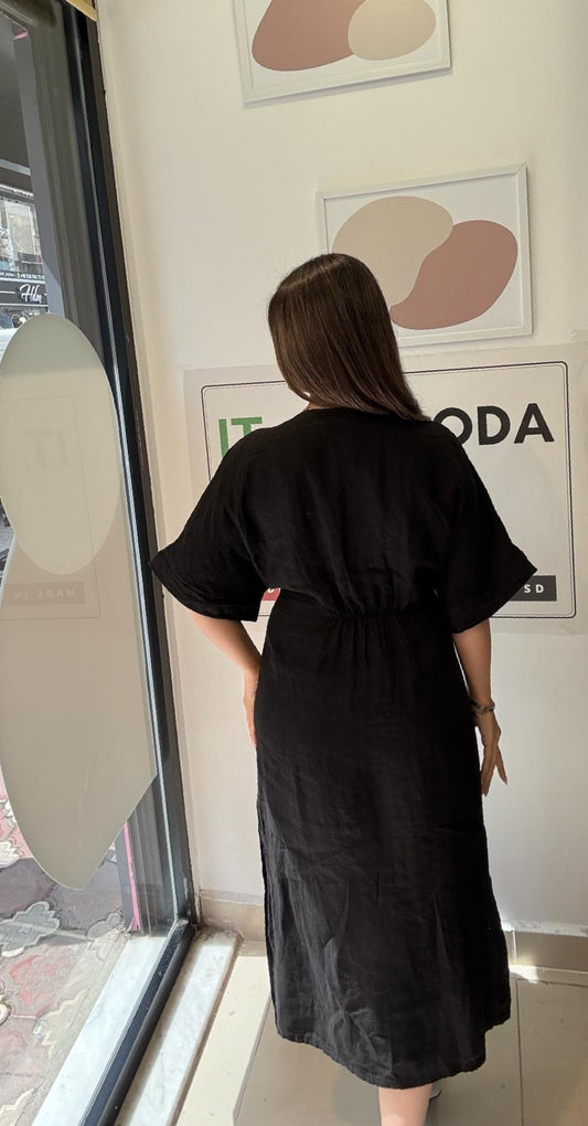 Siyah, %100 Keten, V Yaka, Eteği Yanlardan Yırtmaçlı, İtalyan Kimono Elbise / STD Beden-38/46