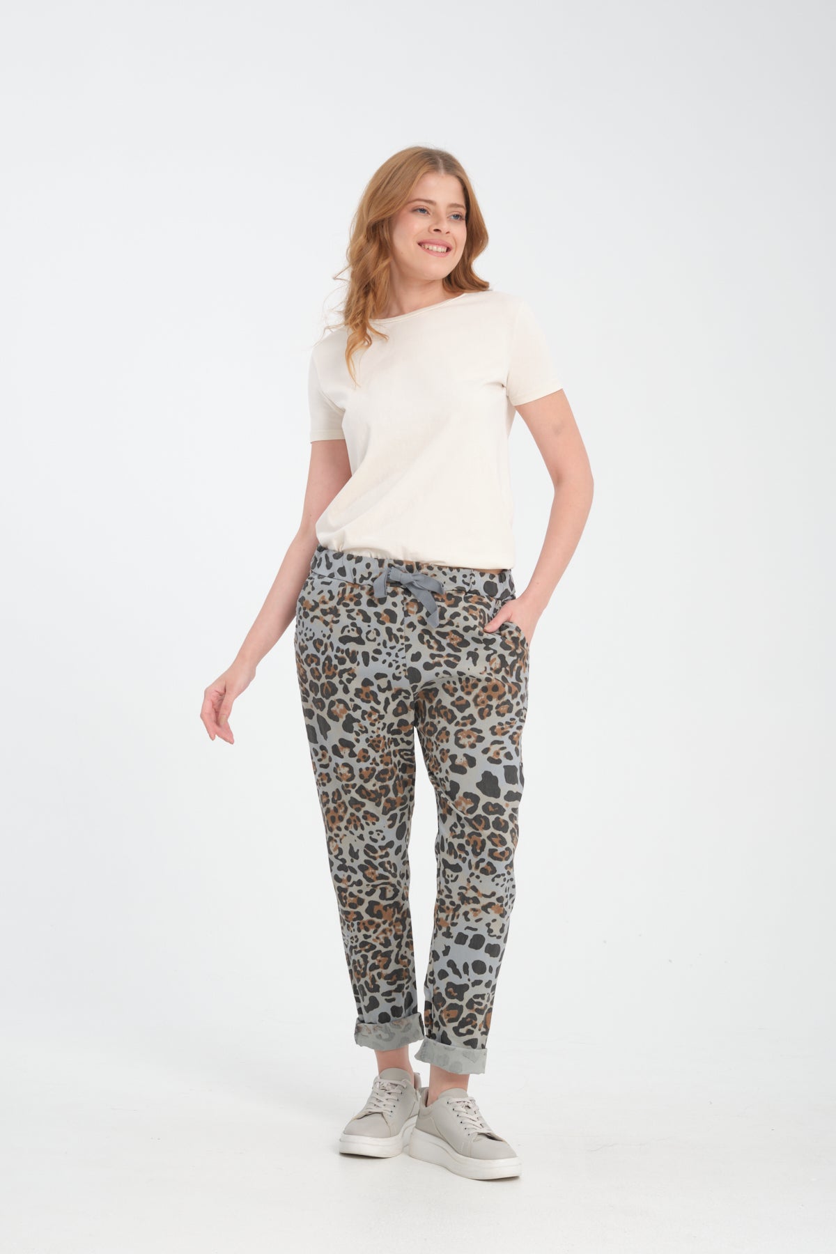 Gri, Leopar Desenli, Beli Lastikli, Cepli, Jogger Pantolon