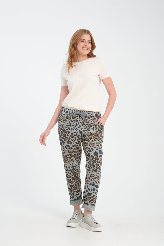 Gri, Leopar Desenli, Beli Lastikli, Cepli, Jogger Pantolon