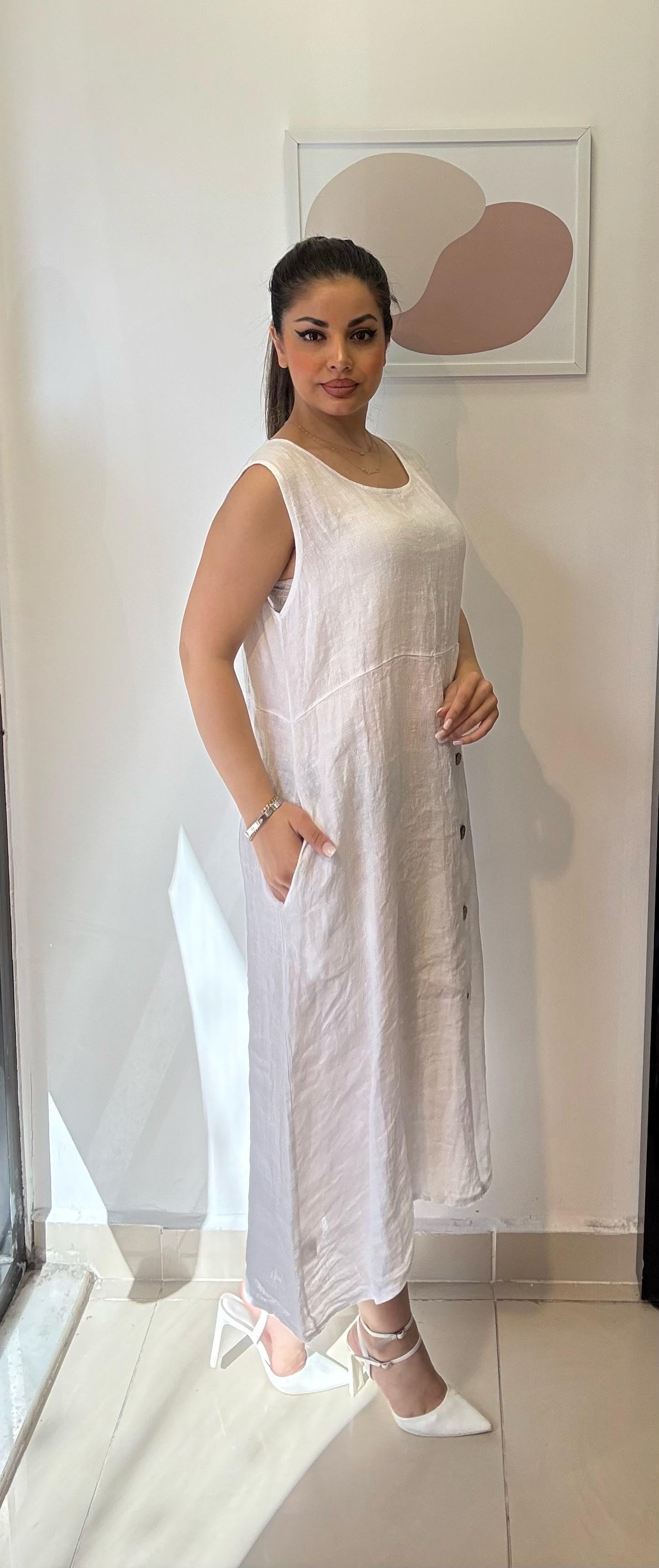 Beyaz, %100 Keten, Düğme Detaylı Elbise, STD Beden, 38-46