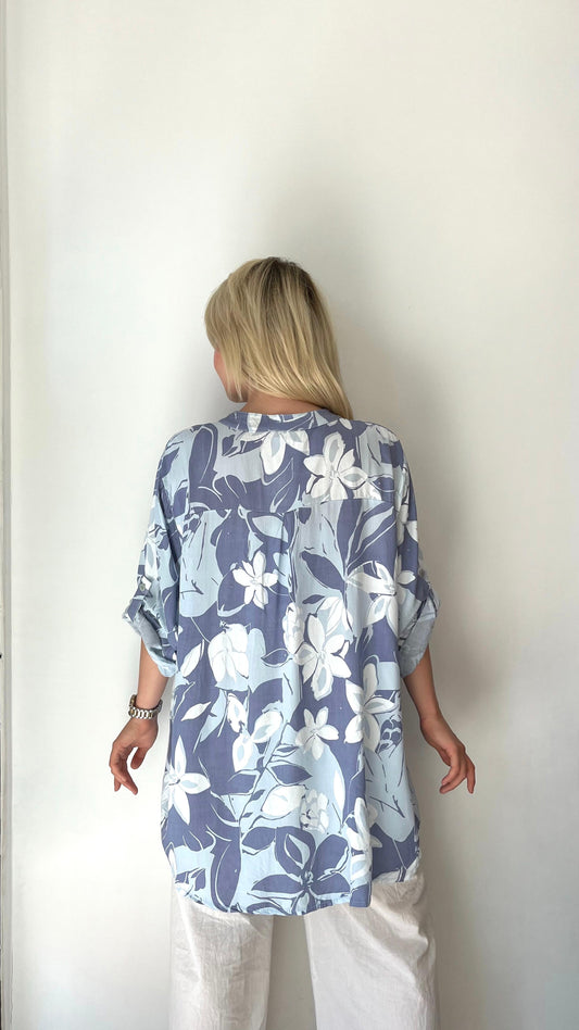 Mavi, %100 Viskon, Çiçek Desenli, Payetli Gömlek