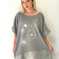Gri, Çiçek Desenli, Pamuk-Keten, Oversize, Payetli Bluz