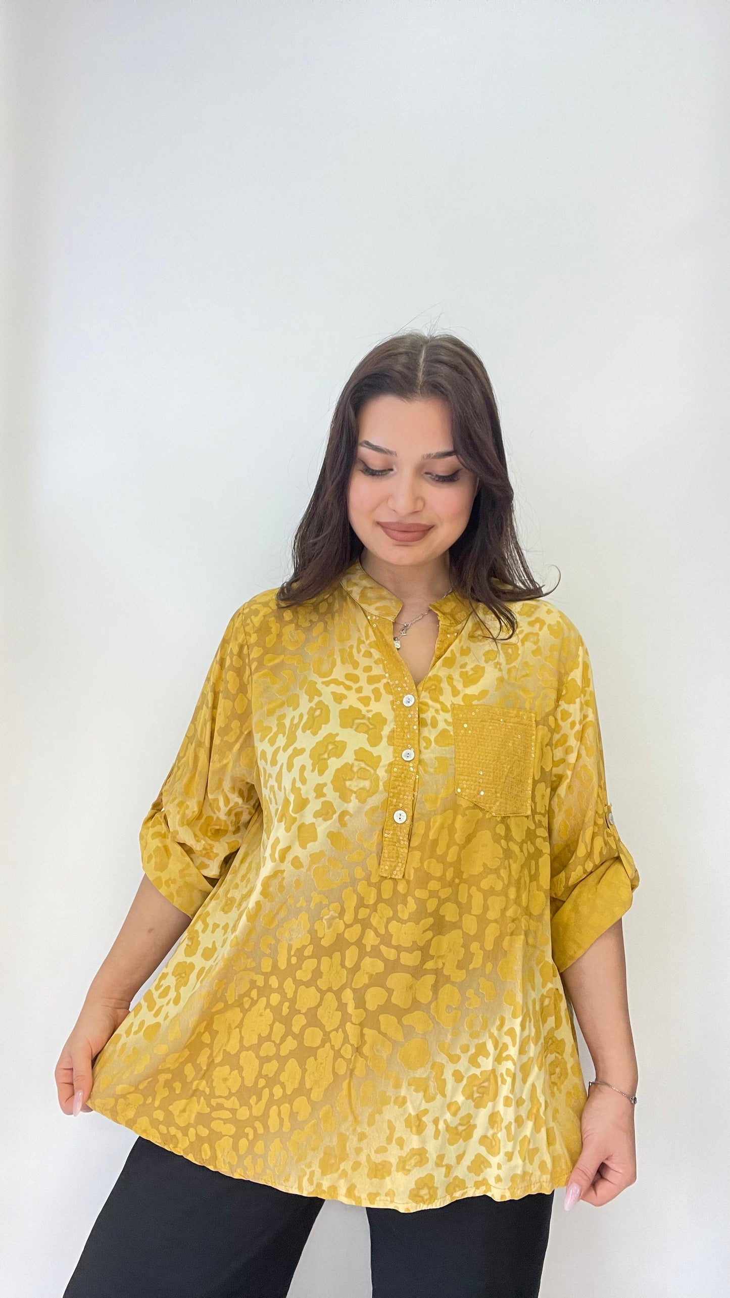 Sarı, %100 Viskon, Dalgalı Leopar Desenli, Payetli Gömlek