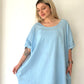 Açık Mavi, Sırtı Örgü Dantelli, Cepli, Keten-Pamuk Oversize Elbise