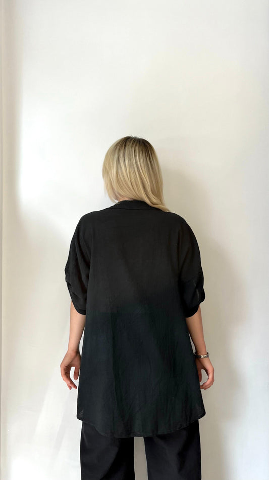 Siyah, %100 Pamuk, Nakış İşlemeli Gömlek