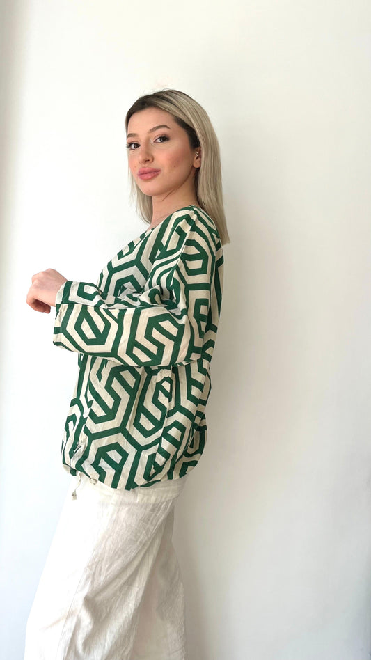 Yeşil Krem, %100 Pamuk, Desenli Bluz