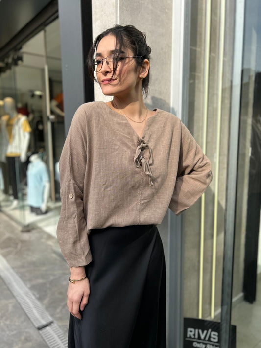 Bej, %100 Pamuk, Bağcık Detaylı, Dokulu Bluz/Gömlek / STD Beden, 36/42