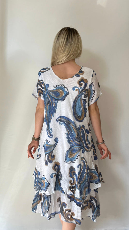 Beyaz, Şal Desenli, İki Kat Etekli, Pamuk-Viskon Elbise