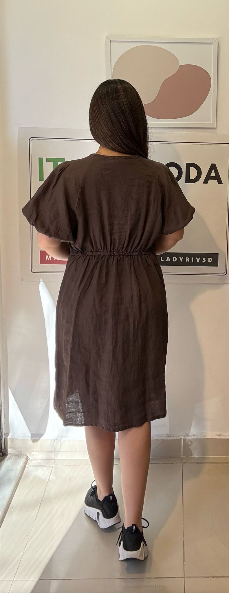 Kahve, %100 Keten, V Yaka, İtalyan Elbise / STD Beden-38/46