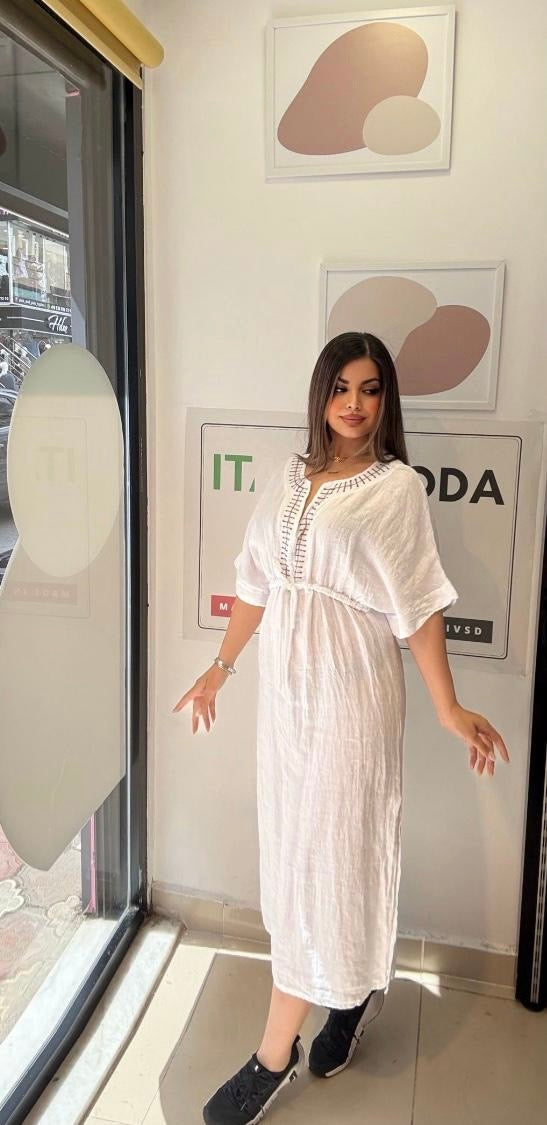 Beyaz, %100 Keten, V Yaka, Eteği Yanlardan Yırtmaçlı, İtalyan Kimono Elbise / STD Beden-38/46