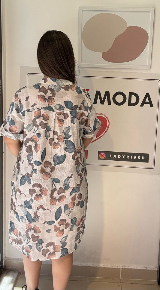 Beyaz, Çiçekli, %100 Keten İtalyan Elbise, Bol Kesim, V Yaka, Cepli / STD Beden-38/46