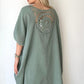 Çağla Yeşili, Sırtı Örgü Dantelli, Cepli, Keten-Pamuk Oversize Elbise