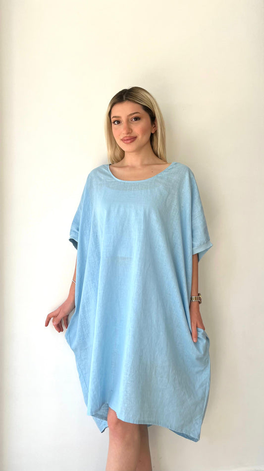 Açık Mavi, Sırtı Örgü Dantelli, Cepli, Keten-Pamuk Oversize Elbise