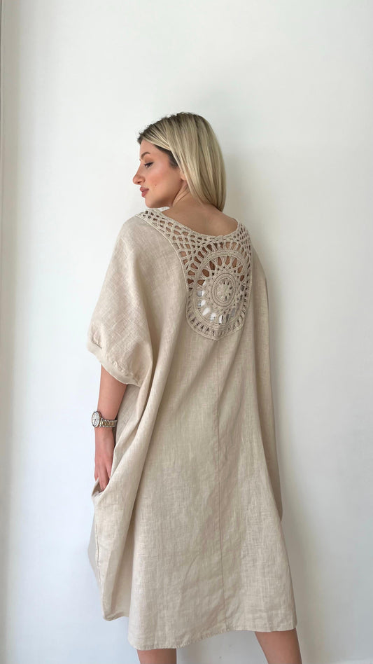 Bej, Sırtı Örgü Dantelli, Cepli, Keten-Pamuk Oversize Elbise