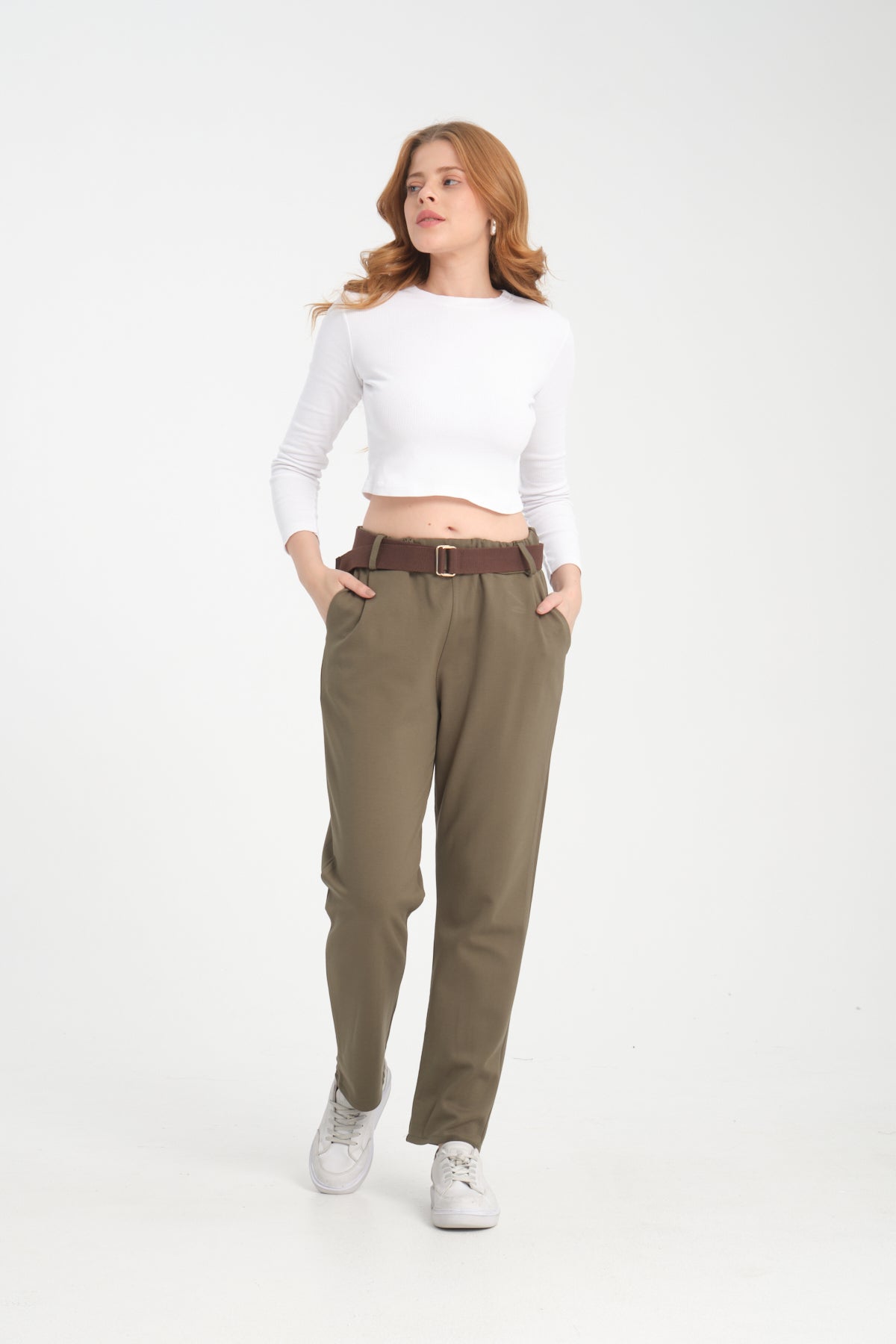 Haki, Beli Kemerli, Lastikli, Cepli, Havuç Pantolon