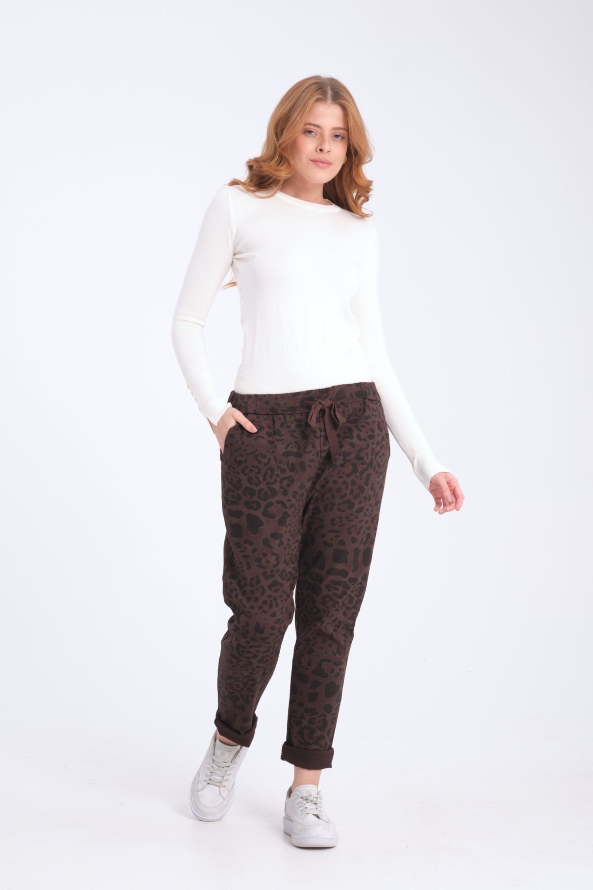 Koyu Kahve, Leopar Desenli, Beli Lastikli, Cepli, Jogger Pantolon