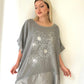 Gri, Çiçek Desenli, Pamuk-Keten, Oversize, Payetli Bluz