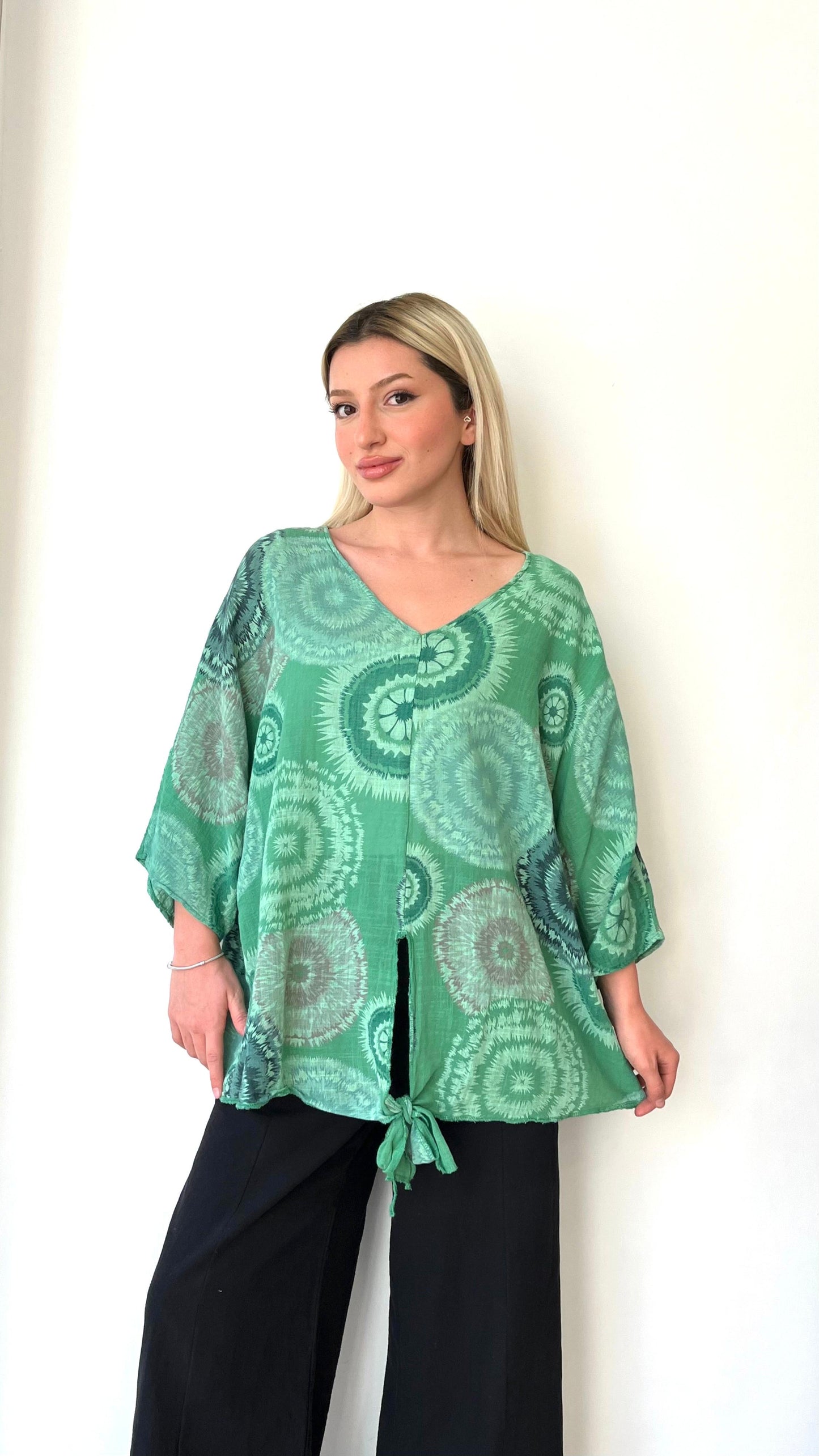 Yeşil, Batik Desenli, %100 Pamuk, Oversize Bluz