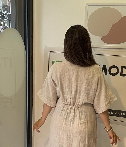 Bej, %100 Keten, V Yaka, Eteği Yanlardan Yırtmaçlı, İtalyan Kimono Elbise / STD Beden-38/46