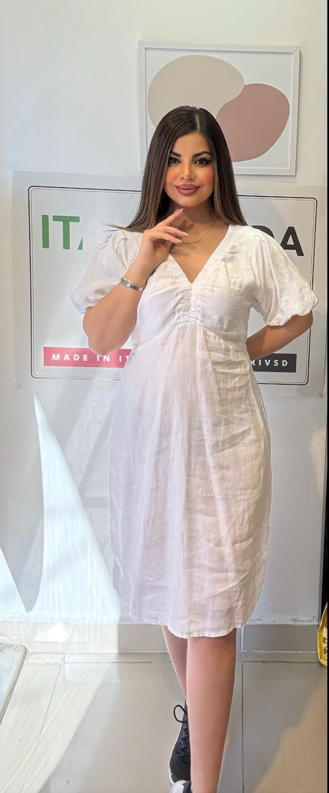 Beyaz, %100 Keten, V Yaka, İtalyan Elbise / STD Beden-38/46