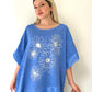 Mavi, Çiçek Desenli, Pamuk-Keten, Oversize, Payetli Bluz