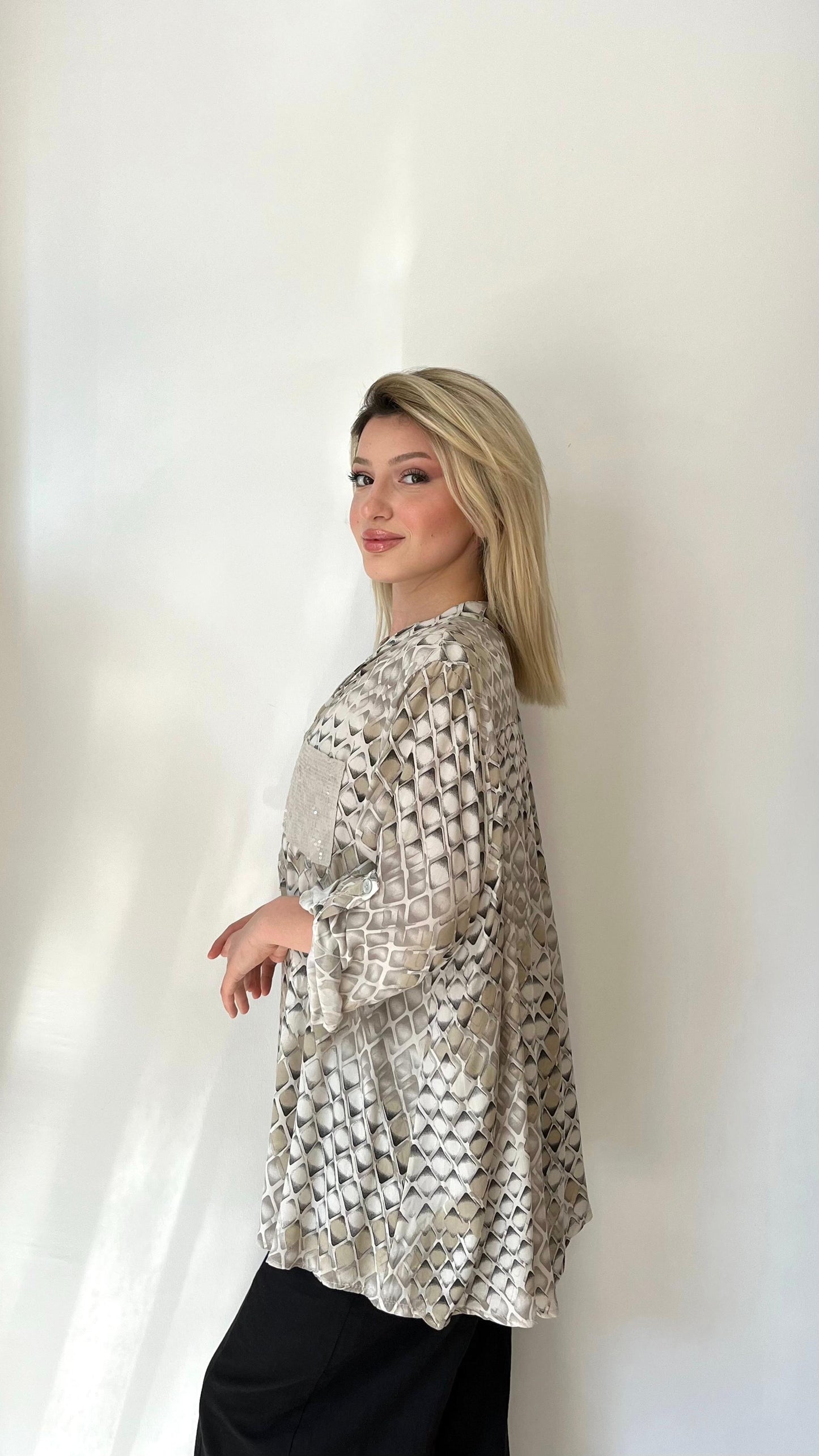 Bej, %100 Viskon, Karışık Şekilli, Payetli Gömlek