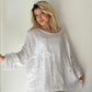 Beyaz, %100 Keten, Çiçek Detaylı, Arkası Uzun Bluz