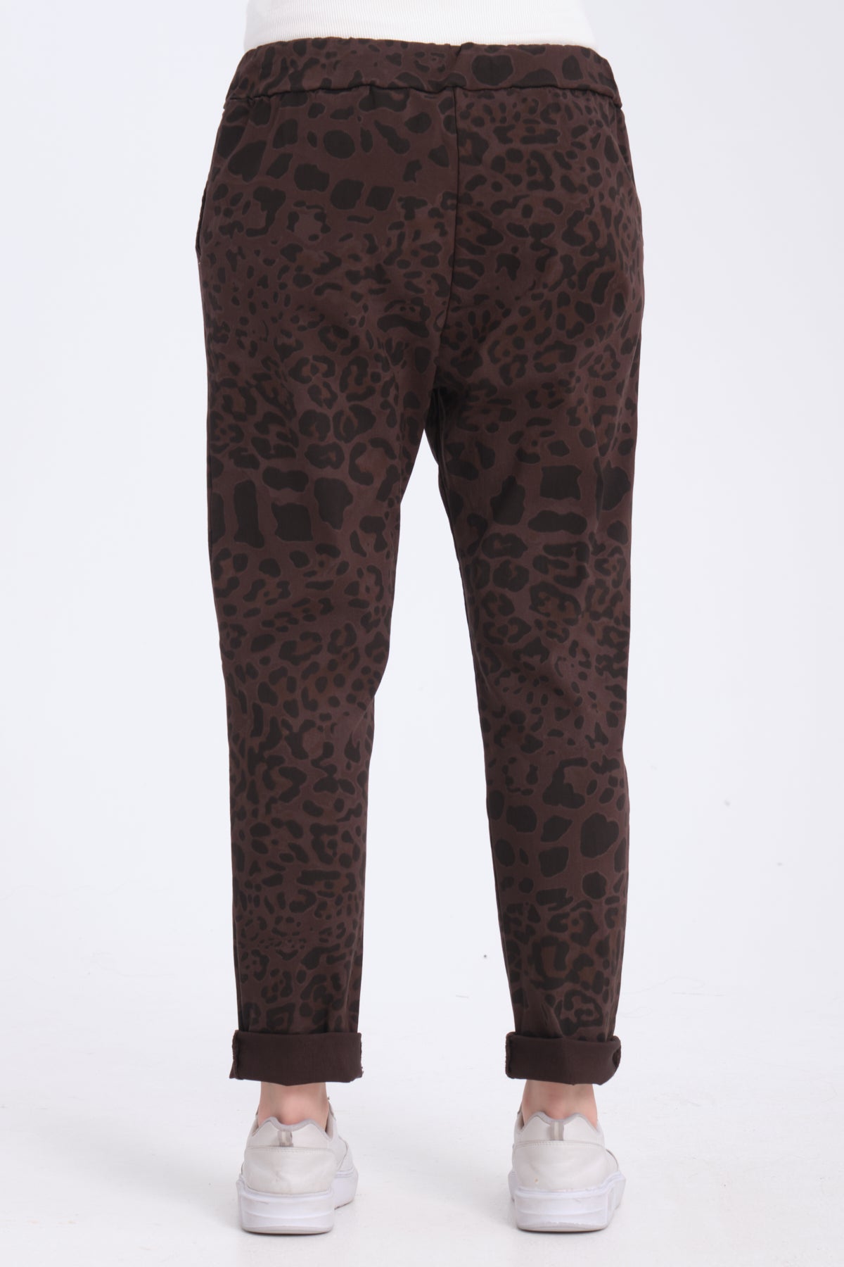 Koyu Kahve, Leopar Desenli, Beli Lastikli, Cepli, Jogger Pantolon