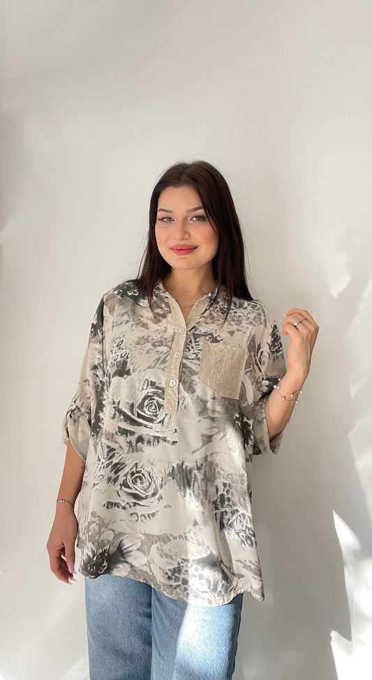 Bej, %100 Viskon, Gül Desenli, Payetli Gömlek