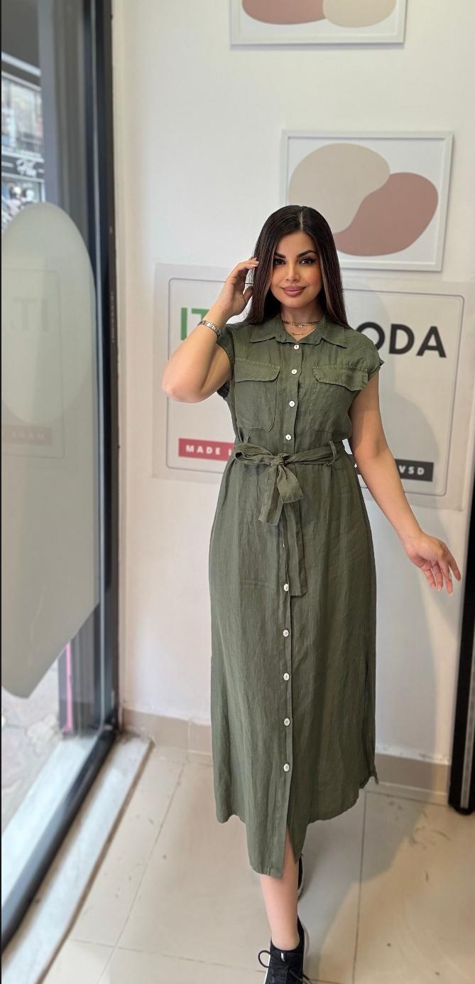 Haki, %100 Keten, Eteği Yanlardan Yırtmaçlı, İtalyan Gömlek Elbise / STD Beden-38/46