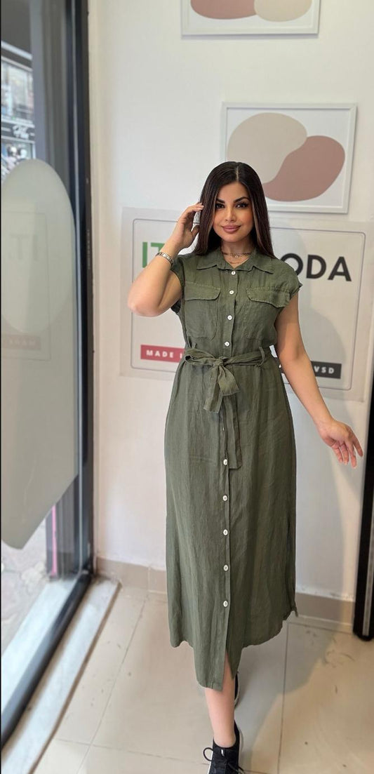 Haki, %100 Keten, Eteği Yanlardan Yırtmaçlı, İtalyan Gömlek Elbise / STD Beden-38/46