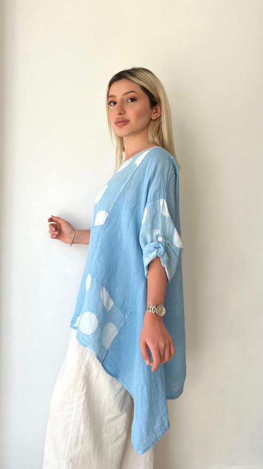 Açık Mavi, Puantiyeli, Oversize Keten Bluz