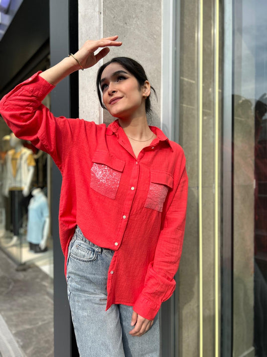 Kırmızı, %100 Pamuk, Cep Kısmı Payet İşli, Dokulu Gömlek / STD Beden, 36/42
