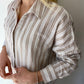Bej, İnce Çizgili, Oversize Gömlek