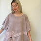 Koyu Pudra, Pamuk-Keten, Oversize, Payetli Bluz