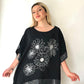 Siyah, Çiçek Desenli, Pamuk-Keten, Oversize, Payetli Bluz