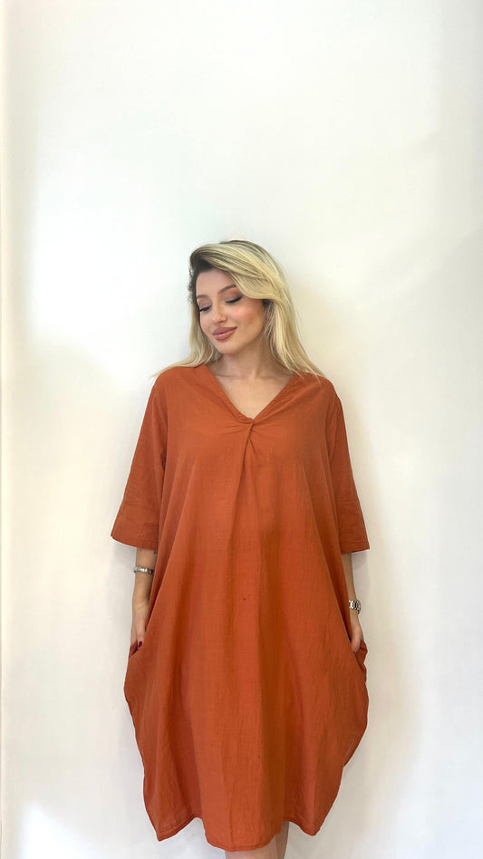 Kiremit, %100 Pamuk, Cepli, V Yaka Elbise