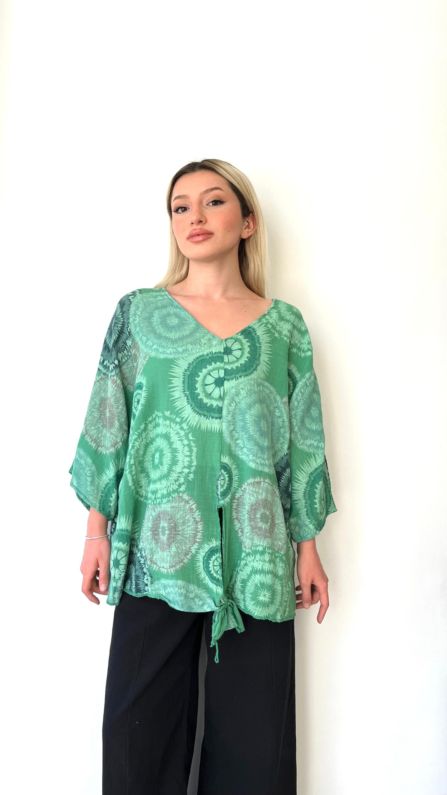 Yeşil, Batik Desenli, %100 Pamuk, Oversize Bluz