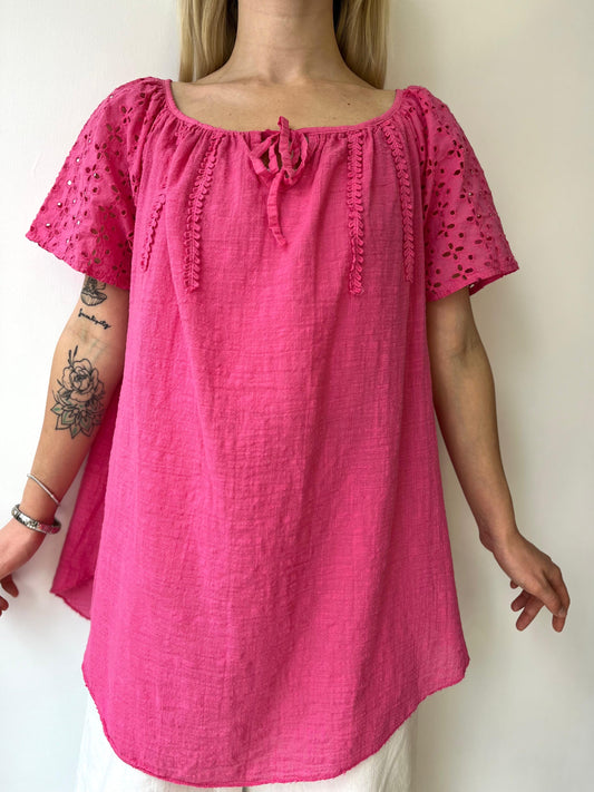 Koyu Pembe, %100 Pamuk, Kolu Fisto Dantelli Bluz