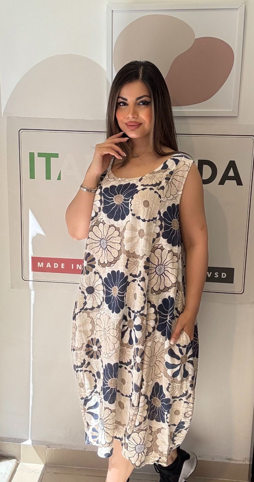 Bej, %100 Pamuk, Çiçekli, Cepli, İtalyan Elbise / STD Beden-38/46