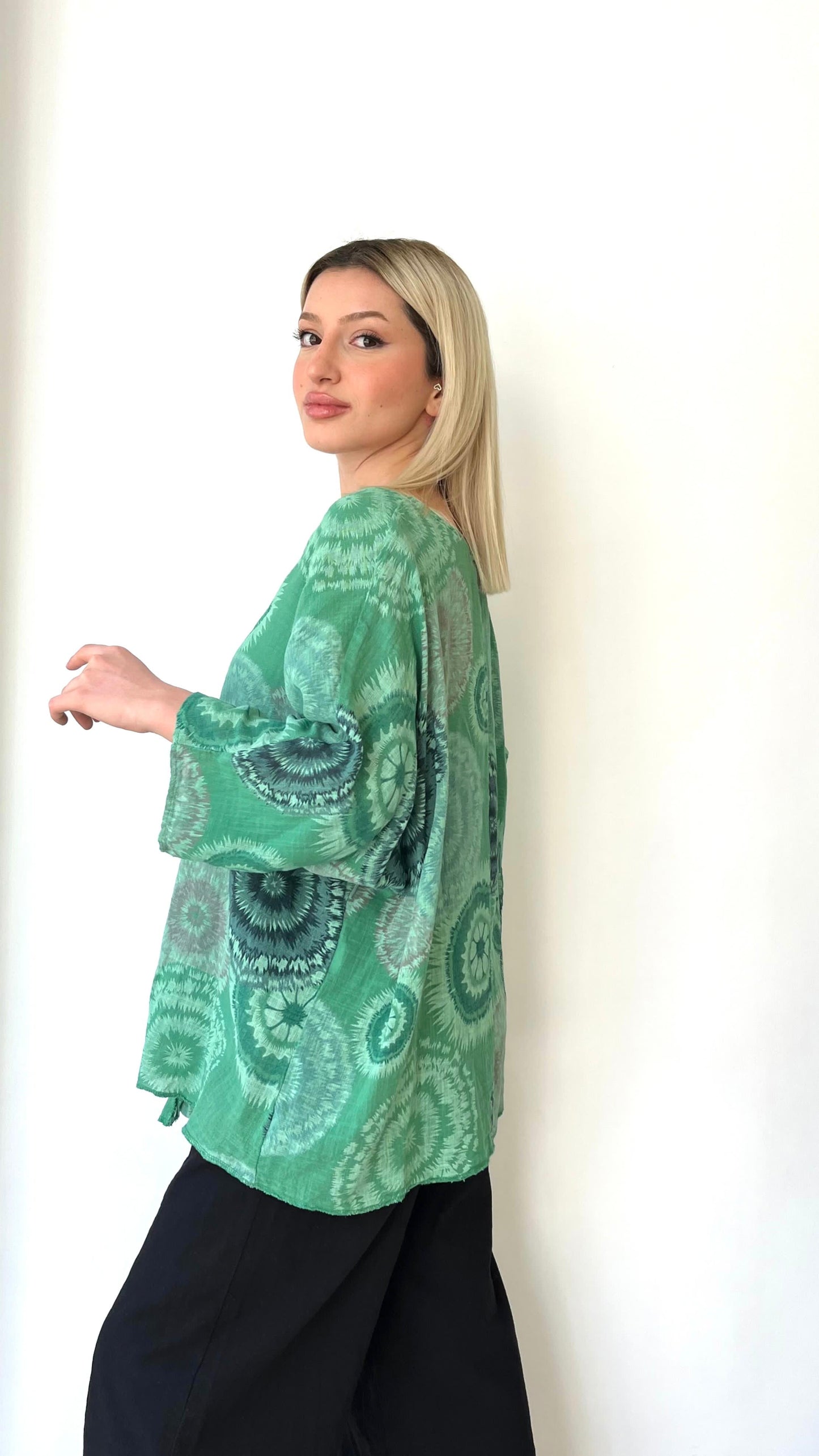 Yeşil, Batik Desenli, %100 Pamuk, Oversize Bluz