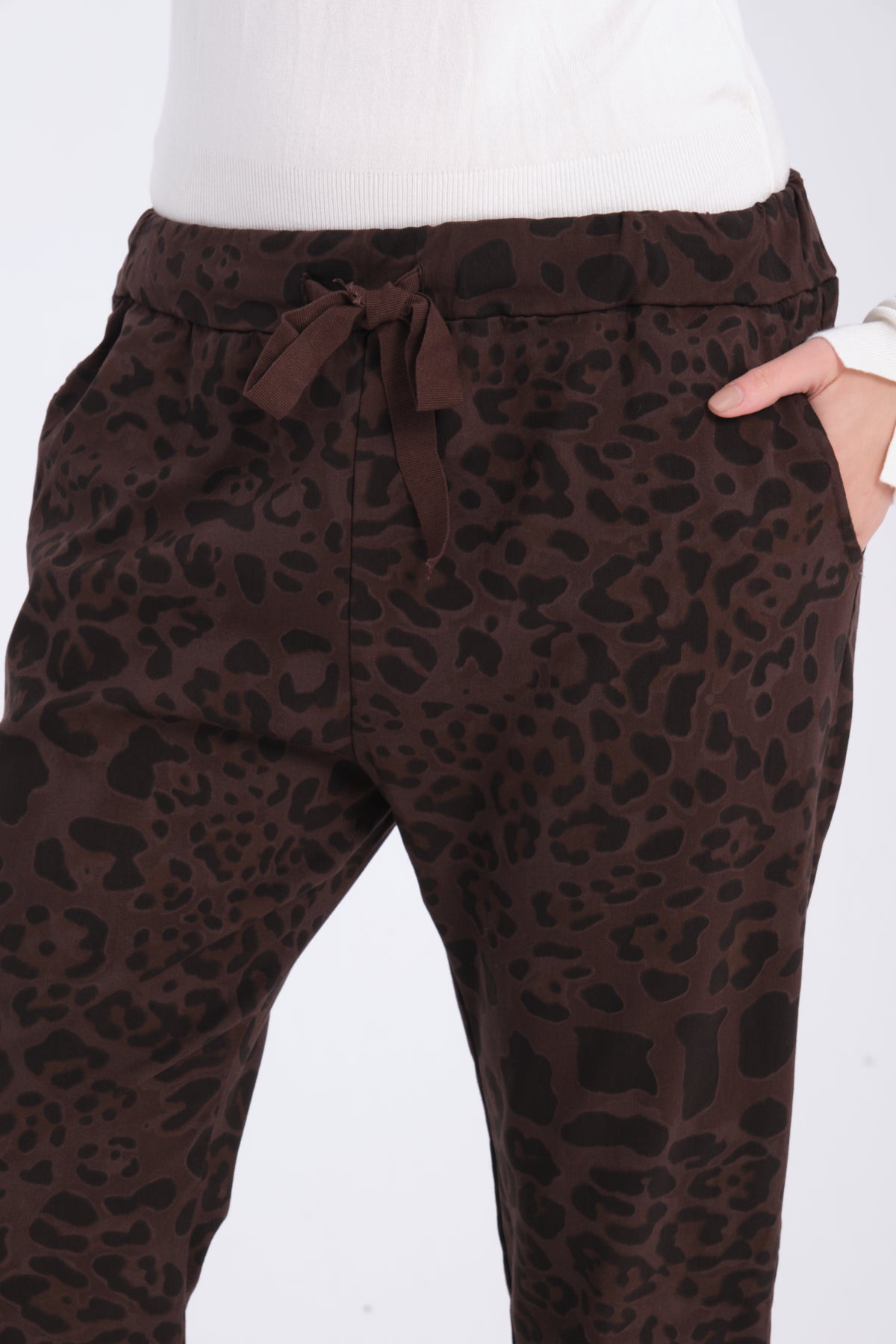 Koyu Kahve, Leopar Desenli, Beli Lastikli, Cepli, Jogger Pantolon