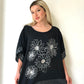 Siyah, Çiçek Desenli, Pamuk-Keten, Oversize, Payetli Bluz