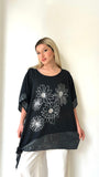 Siyah, Çiçek Desenli, Pamuk-Keten, Oversize, Payetli Bluz