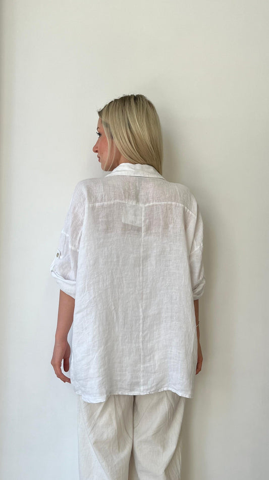 Beyaz, %100 Keten, Relaxed Fit Gömlek